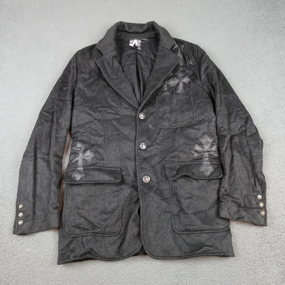 Raw-7 Royalty Blazer Mens 42 Gray Cashmere Gothic Cross Leather Jacket Rock